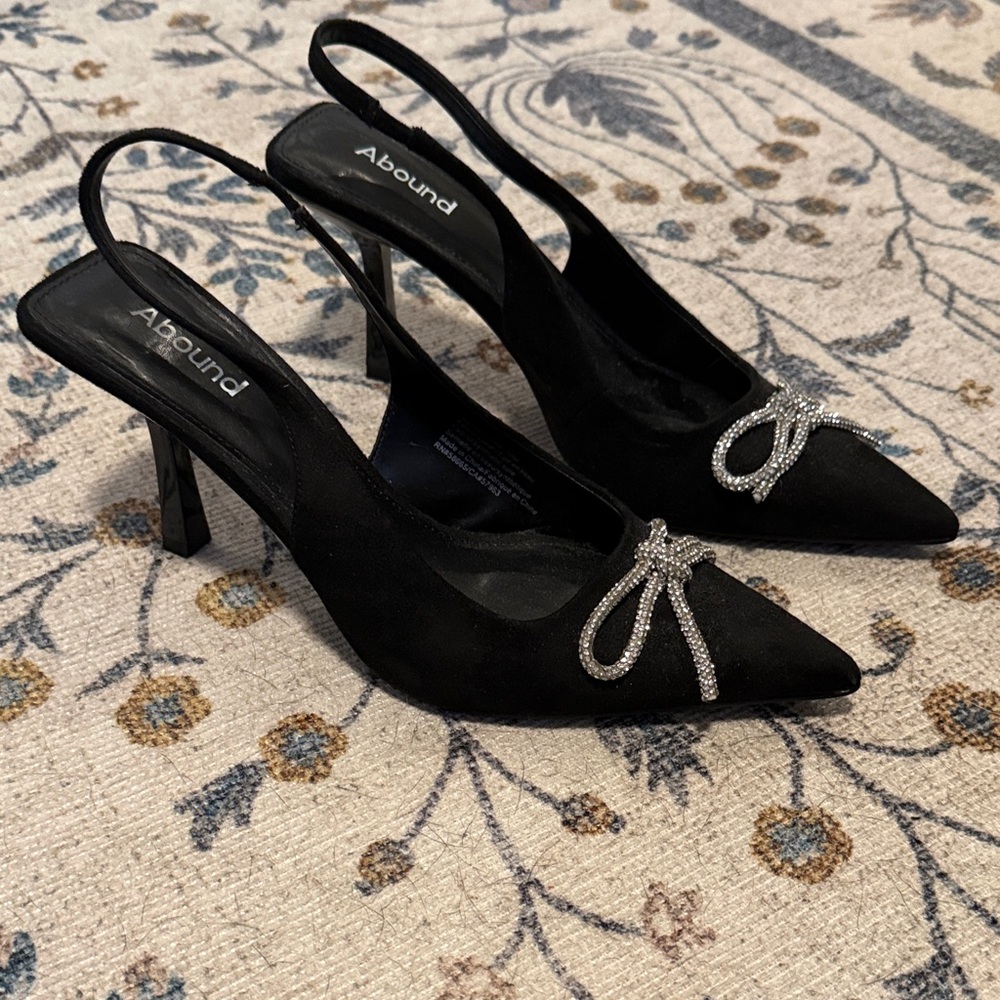 Abound Black Slingback Pointed Toe Heels with Rhinestone Bow Accent